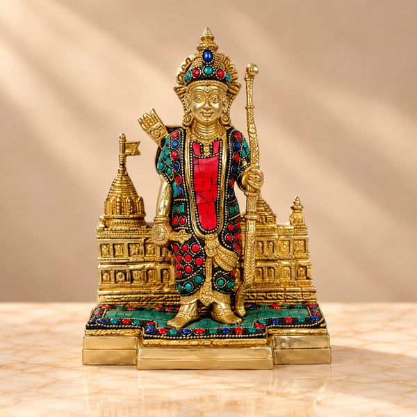 Brass Gemstone Work Ram Lalla Murti | Traditional Hindu Temple Idol | Pooja Room Décor (Height: 9.2 Inches) Entryway Setting