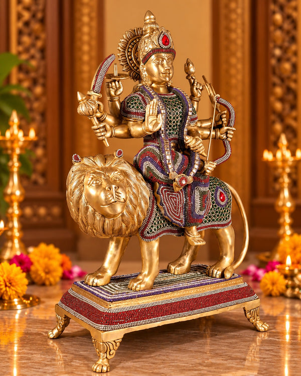 Brass Large Superfine Goddess Durga Mata Statue with Intricate Jewellery Work (Height: 21.5 Inches) Study Setting