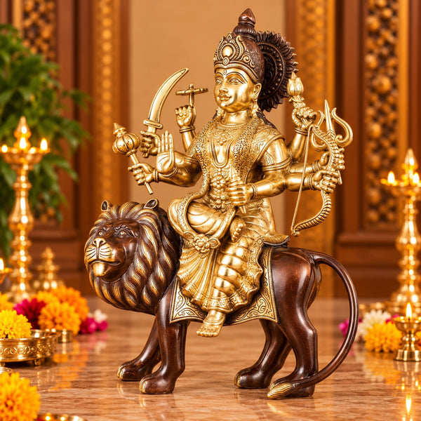 Pure Brass Ashtabhuja Goddess Durga Seated on Lion – Dual-Tone Finish (Height: 17 Inches) Study Setting
