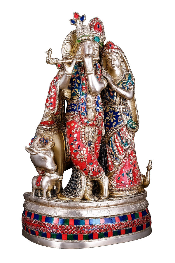 Elegant Brass Radha Krishna Idol with Cow & Calf -Decorative Statue (Height: 18 Inches) Entryway Setting