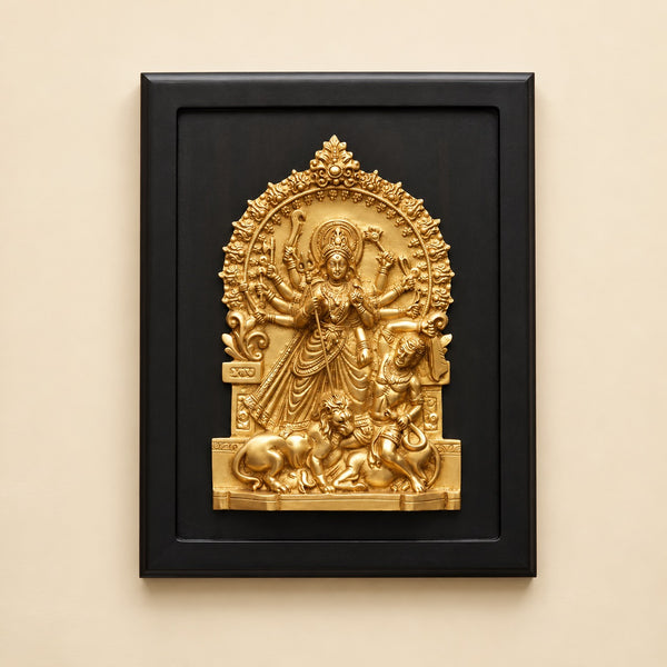 Brass Goddess Durga Wall Hanging with Decorative Frame – Traditional Divine Wall Décor (Height: 13 Inches) Entryway Setting