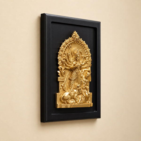 Brass Goddess Durga Wall Hanging with Decorative Frame – Traditional Divine Wall Décor (Height: 13 Inches) Study Setting