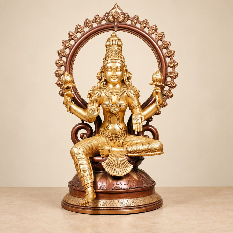 Brass Goddess Lakshmi Maa Statue – Traditional Hindu Home Décor (Height: 28 Inches) Craft Detail