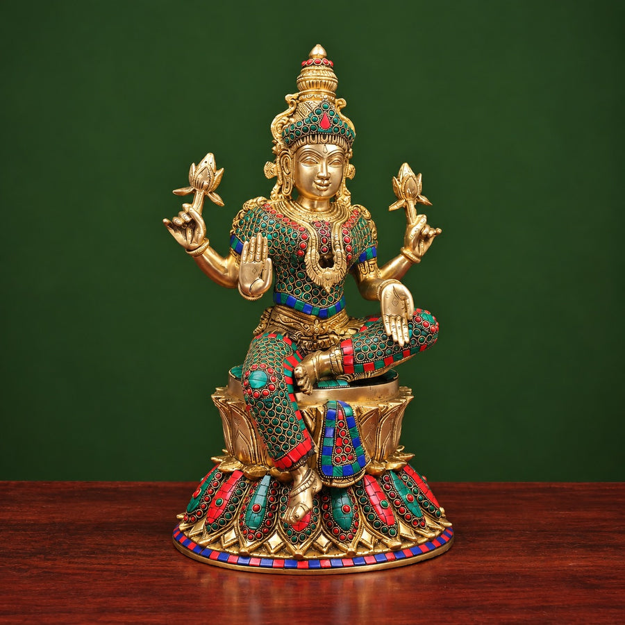 Brass Goddess Lakshmi Maa Statue with Stonework – Traditional Hindu Home Décor (Height: 15 Inches) Craft Detail