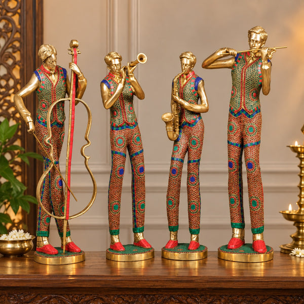 Brass Musician Standing Statue Set of 4 with Mosaic Stonework (Height: 30 Inches) Mandir Setting