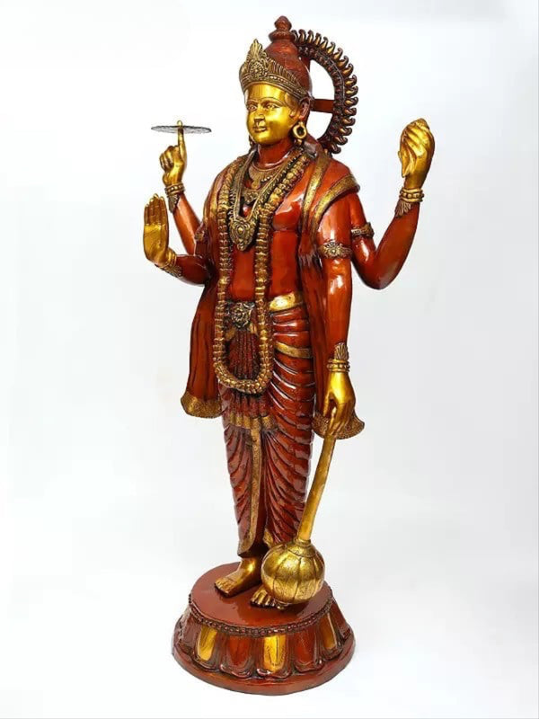 Brass Huge Four Armed Standing Lord Vishnu Idol (Height 72 Inches) Study Setting