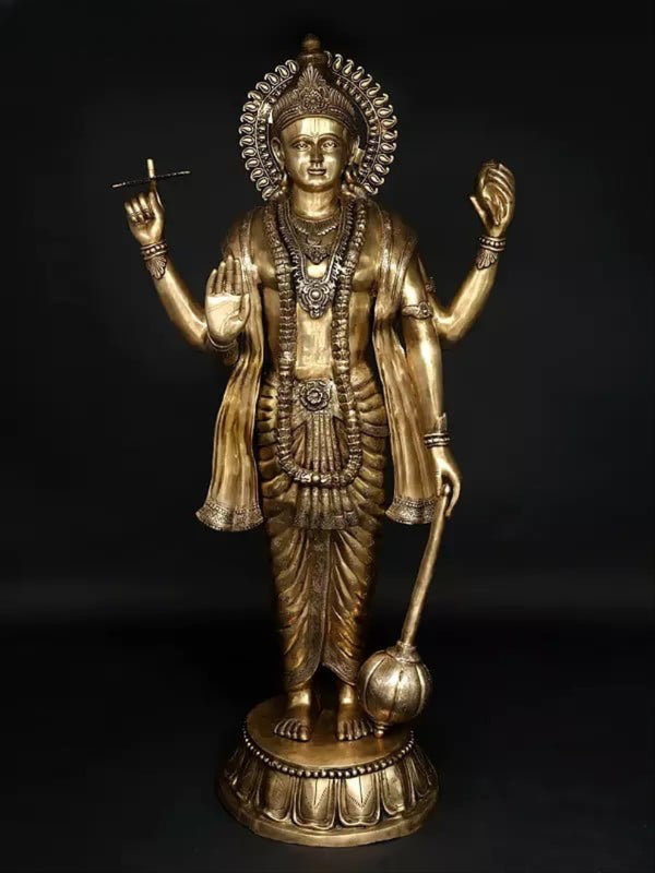 Brass Huge Four Armed Standing Lord Vishnu Idol (Height 72 Inches) Mandir Setting