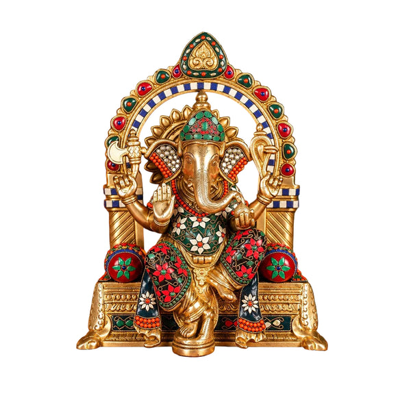 Brass Ganesha Idol with Intricate Stonework | Traditional Ganpati Statue for Home Temple (Height: 17 Inches) Entryway Setting