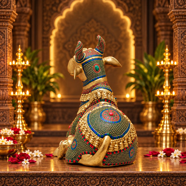 Brass Nandi Cow Sitting Statue with Intricate Stonework (Height:21 Inches) Study Setting