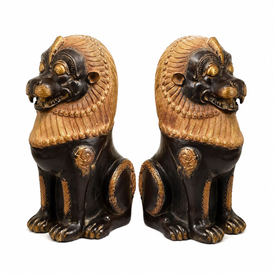 Handcrafted Brass Lion Pair Statue for Living Room Decor (Height:21 Inches) Craft Detail