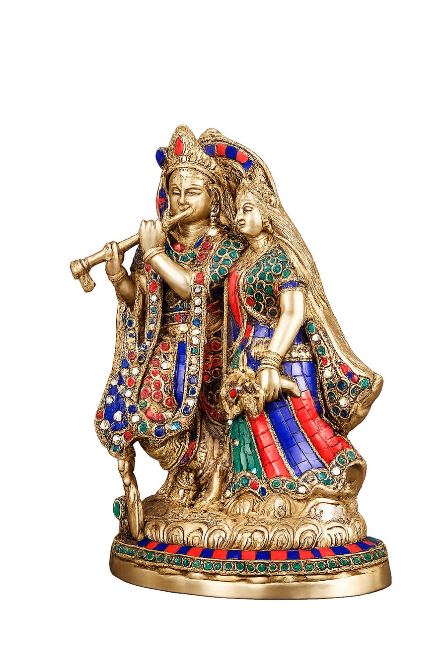 Brass Radha Krishna Statue (Together Form) - with Stone Detailing (Height: 12.5 Inches) Craft Detail