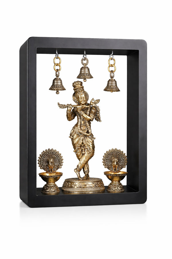 Superfine Brass Lord Krishna Idol with Peacock Lamps & Hanging Bells (Height :11 Inches) Entryway Setting