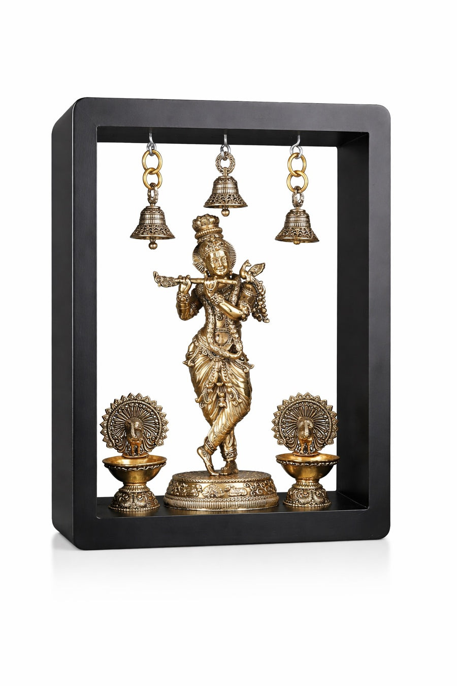 Superfine Brass Lord Krishna Idol with Peacock Lamps & Hanging Bells (Height :11 Inches) Craft Detail