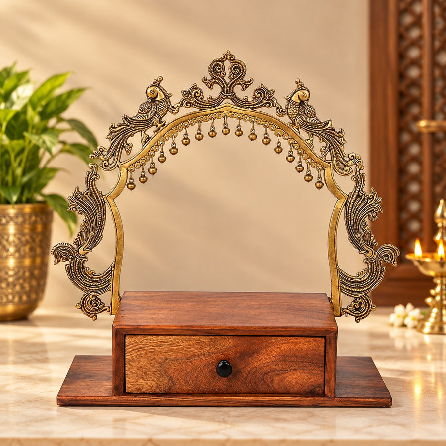 Temple Altar with Bells and Wooden Drawer | Decorative Brass & Wood Showpiece for Home and Office (Height:20.5 Inches) Craft Detail