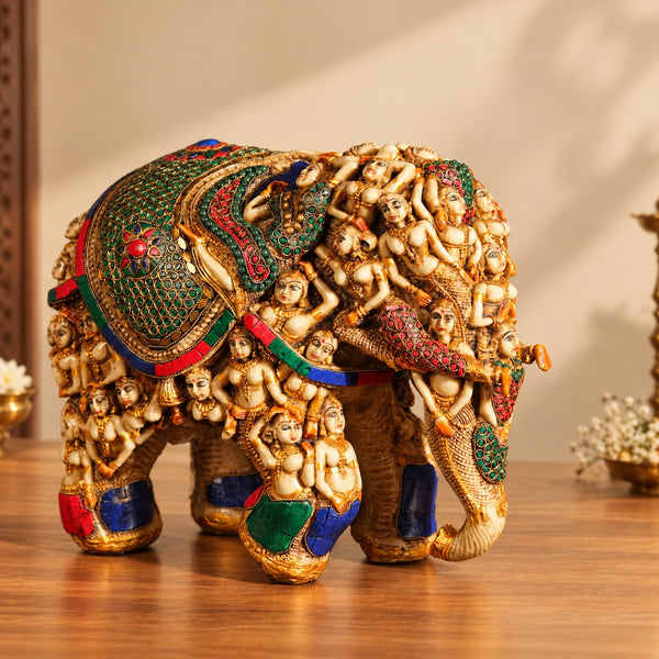Resin Handcrafted Lady Elephant Sculpture | Ornate Folk Art Decorative Statue (Height: 14 Inches) Mandir Setting