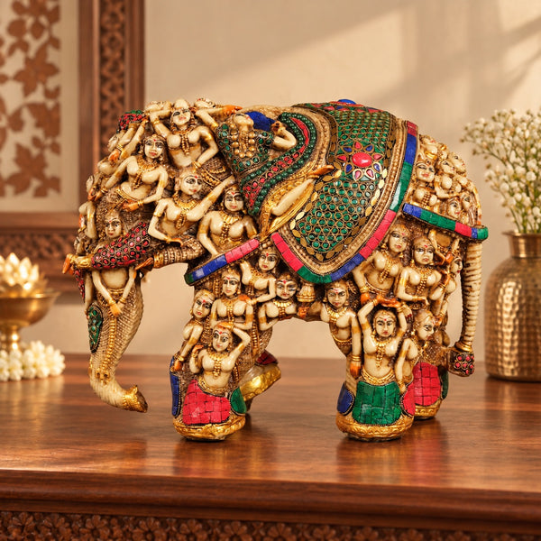 Resin Handcrafted Lady Elephant Sculpture | Ornate Folk Art Decorative Statue (Height: 14 Inches) Study Setting