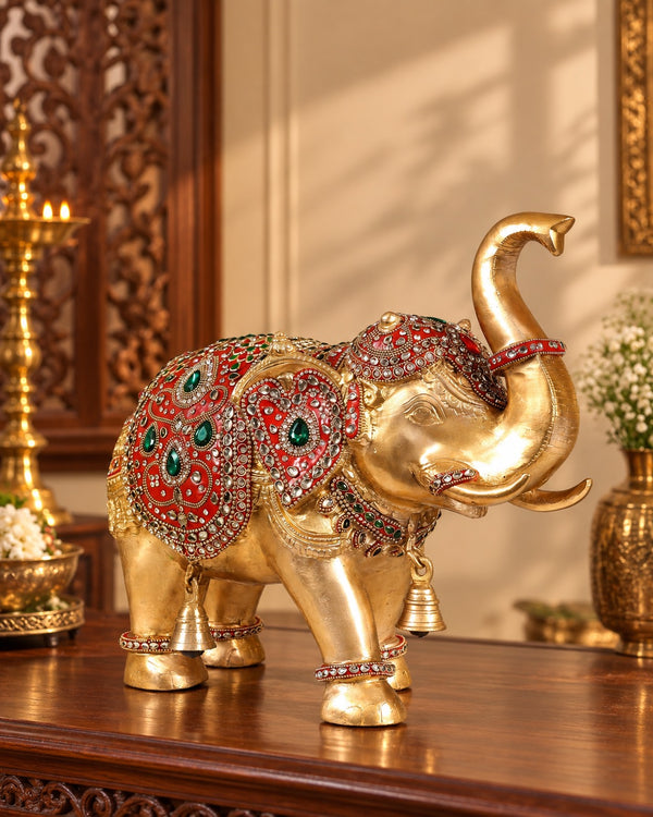 Brass Maharaja Elephant Showpiece | Rajasthani Meenakari & Stone Work | Royal Ethnic Décor (Height: 12.5 Inches) Study Setting