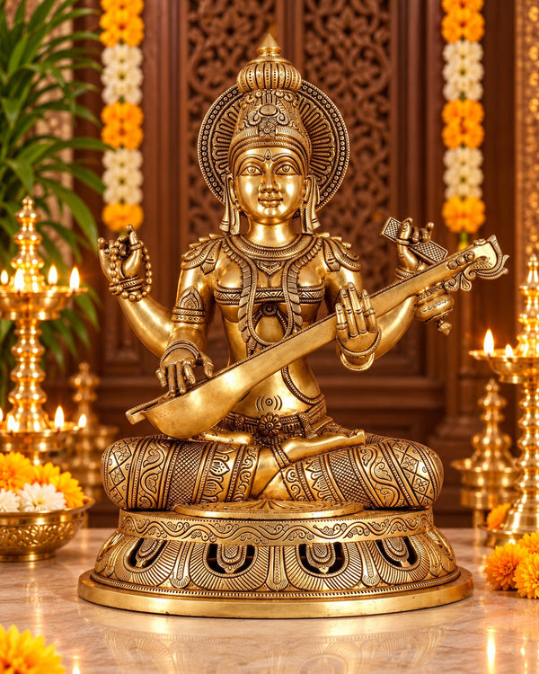 Pure Brass Superfine Goddess Saraswati Statue – Large Size Idol for Home Temple, Pooja Room & Spiritual Décor (Height: 17.5 Inches) Mandir Setting