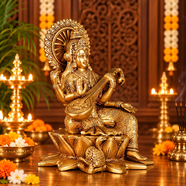 Brass Superfine Goddess Saraswati Idol Seated on Lotus with Swan | Traditional Hindu Statue for Home Temple & Décor (Height: 11 Inches) Study Setting