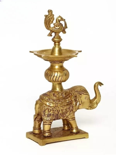 Brass Peacock Oil Lamp on Elephant Stand statue (Height : 11 Inches)
