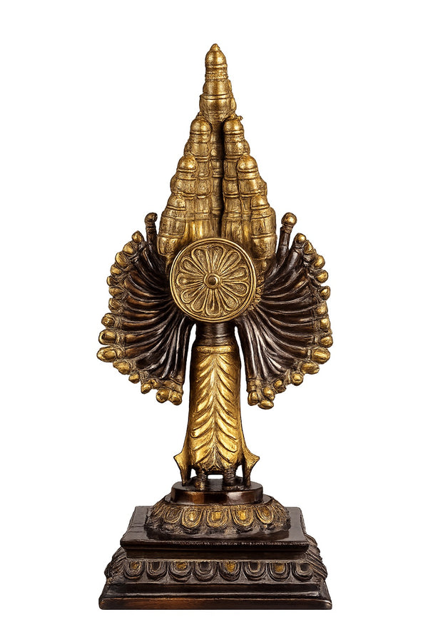 Premium Brass Mahasadashiva Vishwa Roopam Sculpture – 25 Faces, 50 Arms, Vintage Patina (Height: 23 Inches) Study Setting