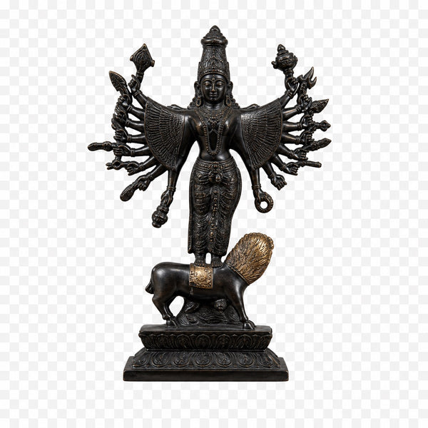 Brass Goddess Durga Mahishasura Mardini Idol – Elegant Black & Gold Handcrafted Statue with Lion, Ideal for Mandir, Navratri Pooja & Auspicious Decor (Height: 10 Inches) Study Setting