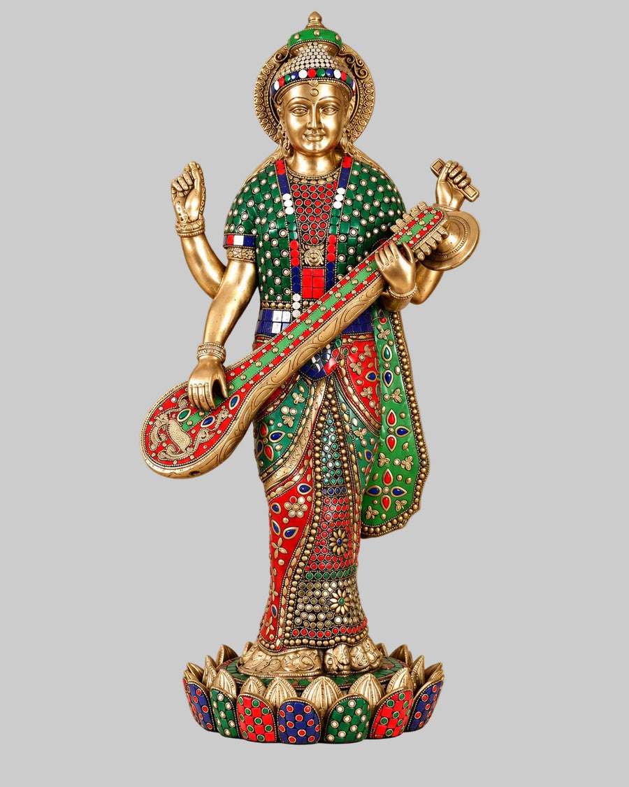 Brass Standing Saraswati Statue | Handcrafted Goddess Saraswati Idol with Intricate Stonework (Height: 25 Inches) Craft Detail