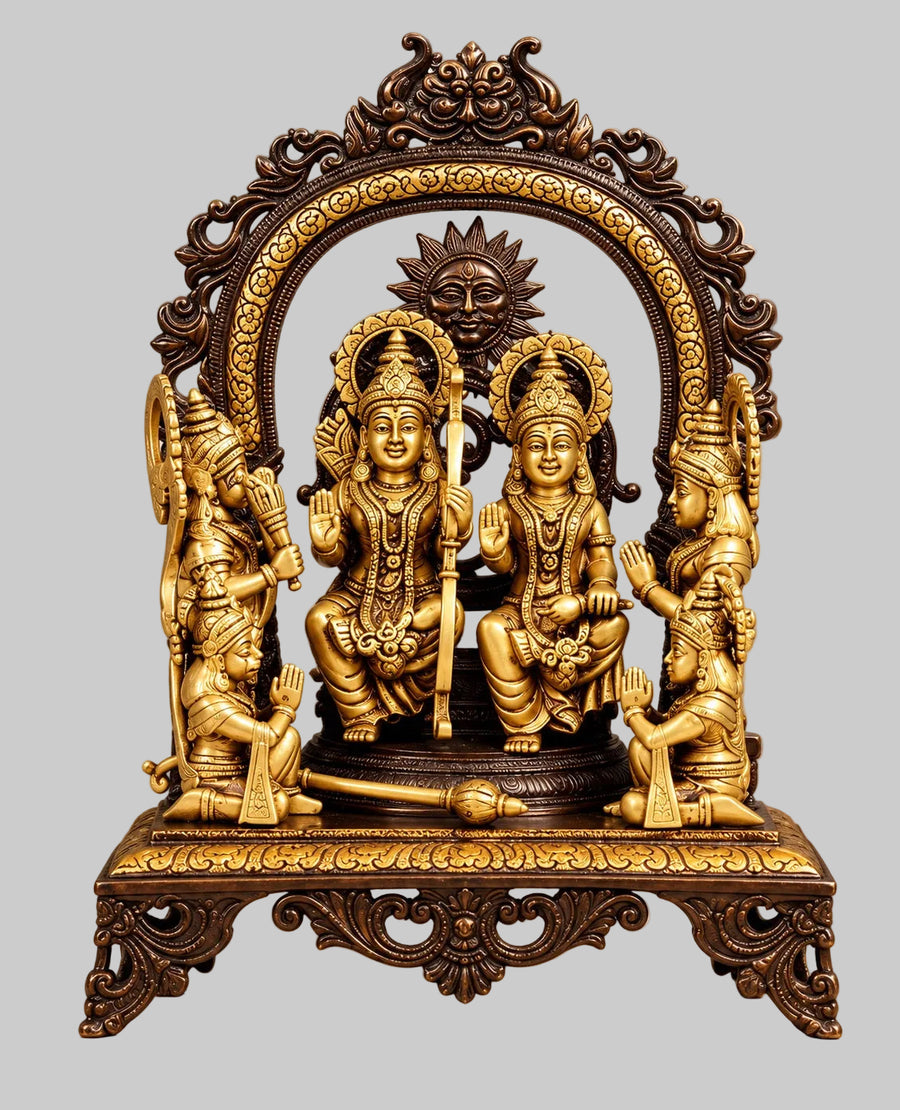 Premium Brass Ram Darbar Idol with Lord Ram, Goddess Sita, Lakshman & Hanuman | Traditional Golden Temple Decor (Height: 16.5 Inches) Craft Detail