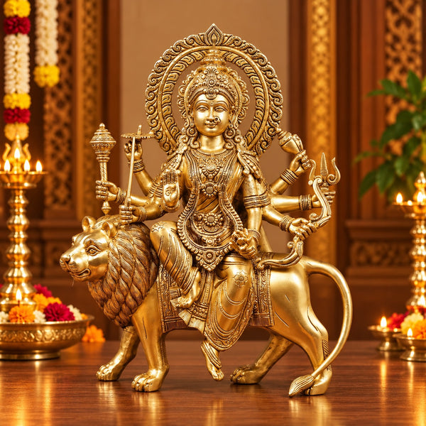 Pure Brass Goddess Durga Seated on Lion Statue for Home Temple (Height: 14.5 Inches) Mandir Setting