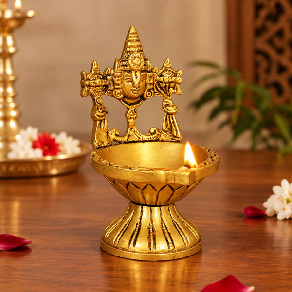 Brass Tirupati Balaji Oil Lamp | Traditional Pooja Diya & Aarti Deepam | Home Temple Decor (Height: 5.5 Inches) Mandir Setting