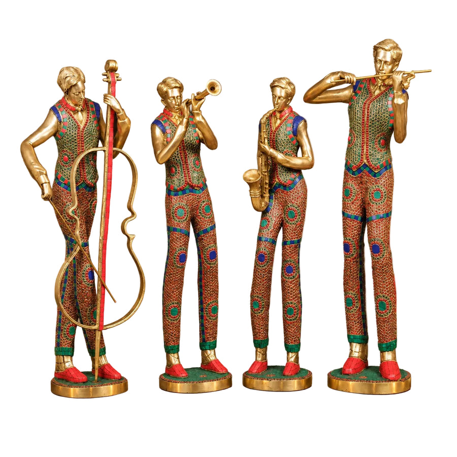 Brass Musician Standing Statue Set of 4 with Mosaic Stonework (Height: 30 Inches) Craft Detail