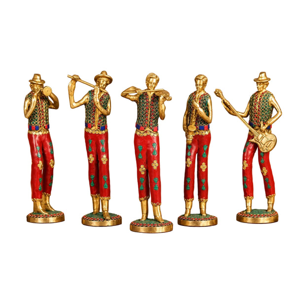 Brass Musician Standing Statue Set of 5 with Mosaic Stonework (Height:11 Inches) Entryway Setting