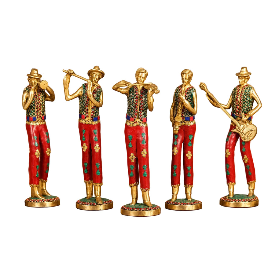 Brass Musician Standing Statue Set of 5 with Mosaic Stonework (Height:11 Inches) Craft Detail