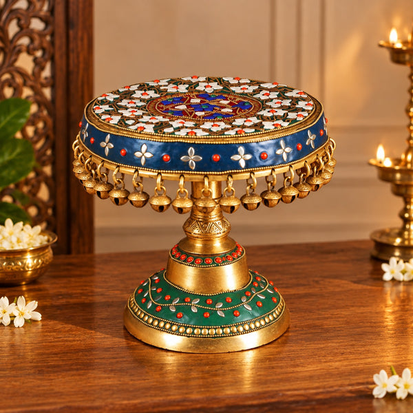 Brass Stand with Bells & Stonework – Decorative Stand for Home Temple (Height:8 Inches) Mandir Setting