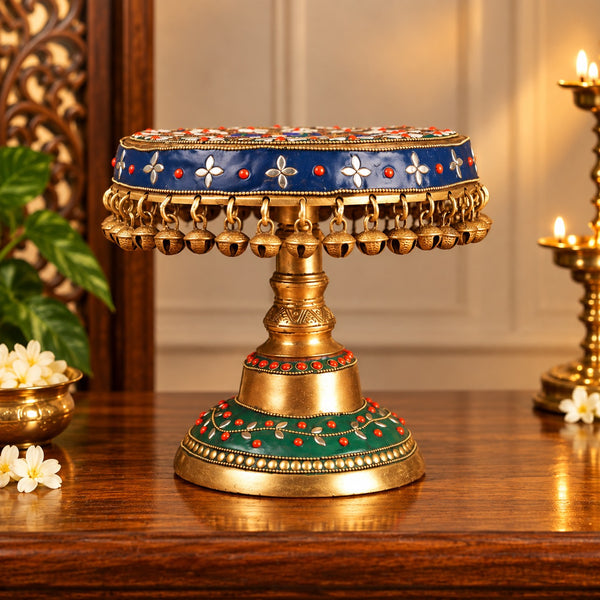 Brass Stand with Bells & Stonework – Decorative Stand for Home Temple (Height:8 Inches) Study Setting