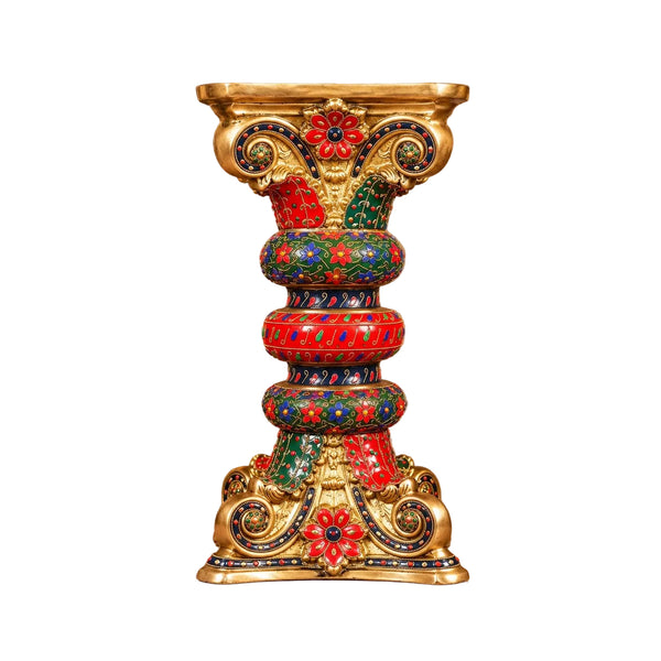 Brass Decorative Pedestal with Stonework – Ornate Display Stand for Idols & Décor (Height:21.5 Inches) Entryway Setting