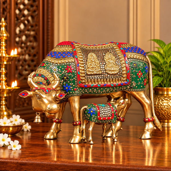 Brass Cow with Calf Statue – Handcrafted Gau Mata Idol with Stonework (Height:15 Inches) Study Setting