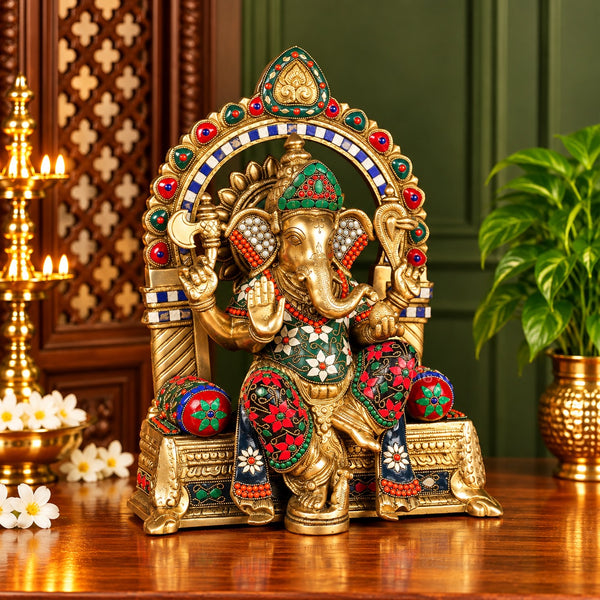 Brass Ganesha Idol with Intricate Stonework | Traditional Ganpati Statue for Home Temple (Height: 17 Inches) Study Setting