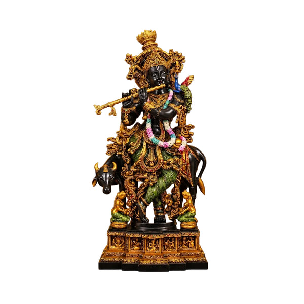 Krishna with Cow Brass Idol – Hand-Painted Large Murti for Home Temple (Height: 28 Inches) Entryway Setting