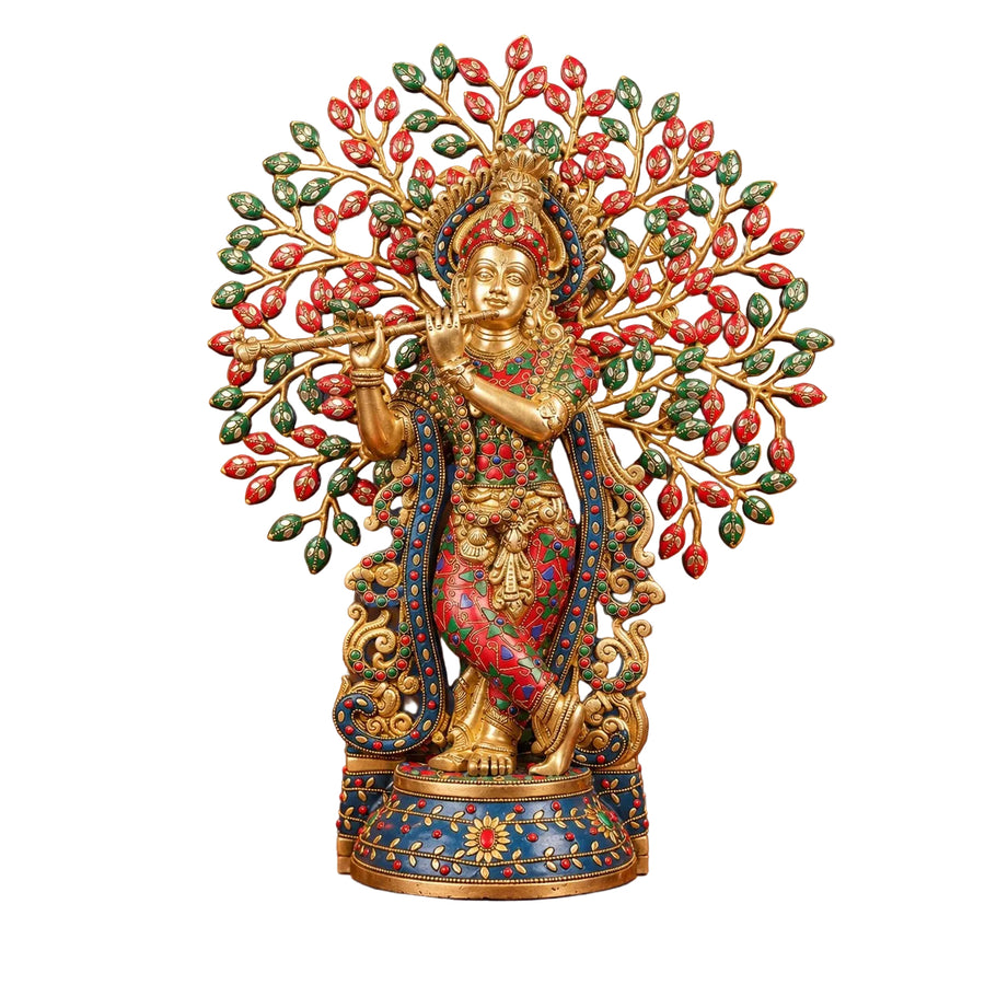 Brass Lord Krishna with Tree of Life & Stonework – Luxury Handcrafted Idol (Height: 21.5 Inches) Craft Detail