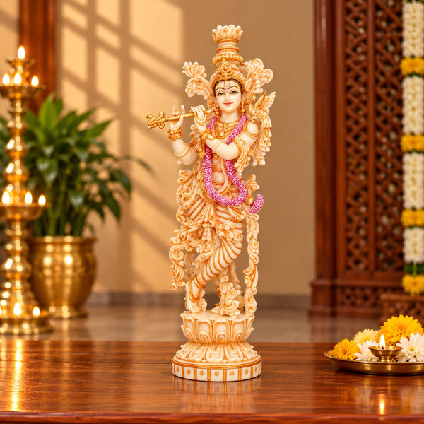 Radha Krishna Hand-Painted Marble Dust Statue – Decorative Idol for Home & Temple (Height:14 Inches) Study Setting