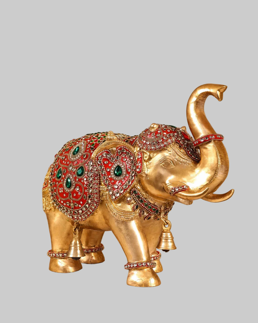 Brass Maharaja Elephant Showpiece | Rajasthani Meenakari & Stone Work | Royal Ethnic Décor (Height: 12.5 Inches) Craft Detail