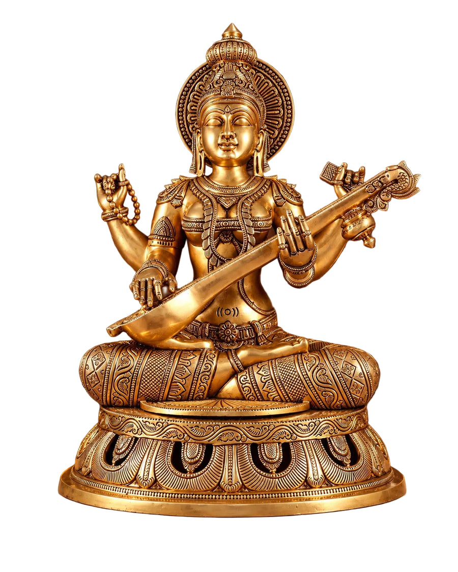 Pure Brass Superfine Goddess Saraswati Statue – Large Decorative Idol for Home Temple, Pooja Room & Office Décor (Height: 17.5 Inches) Craft Detail