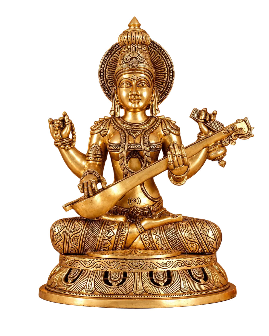 Pure Brass Superfine Goddess Saraswati Statue – Large Size Idol for Home Temple, Pooja Room & Spiritual Décor (Height: 17.5 Inches) Craft Detail