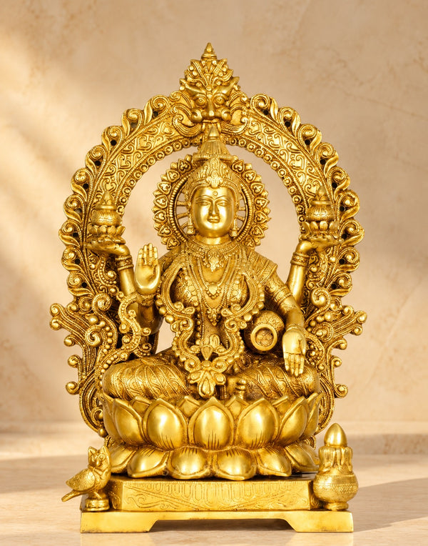 Grand Antique Brass Goddess Lakshmi Statue – Handcrafted in India | Symbol of Wealth, Prosperity & Divine Grace (Height: 15 Inches) Mandir Setting