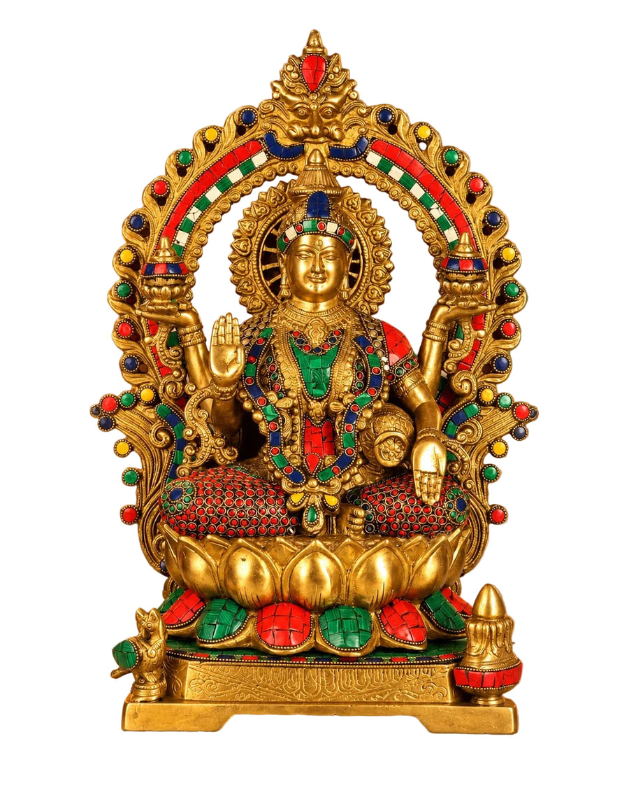 Exquisite Superfine Brass Maa Lakshmi Statue with Natural Stone Embellishments – Goddess Lakshmi Idol for Home Temple, Mandir Décor & Spiritual Gifting (Height: 17 Inches) Craft Detail