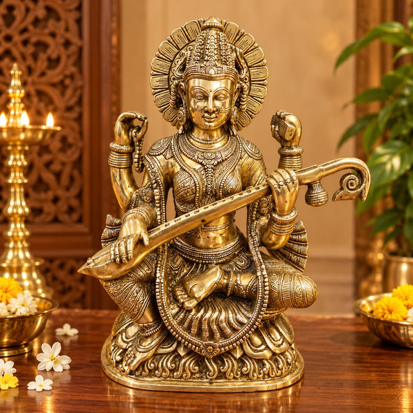 Brass Goddess Saraswati Statue Playing Veena – Traditional Hindu Sculpture for Home Temple, Music Room & Spiritual Décor (Height: 16 Inches) Mandir Setting