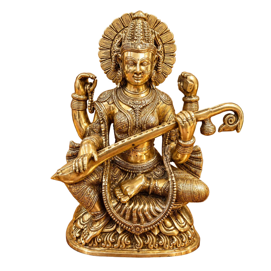 Brass Goddess Saraswati Statue Playing Veena – Traditional Hindu Sculpture for Home Temple, Music Room & Spiritual Décor (Height: 16 Inches) Craft Detail