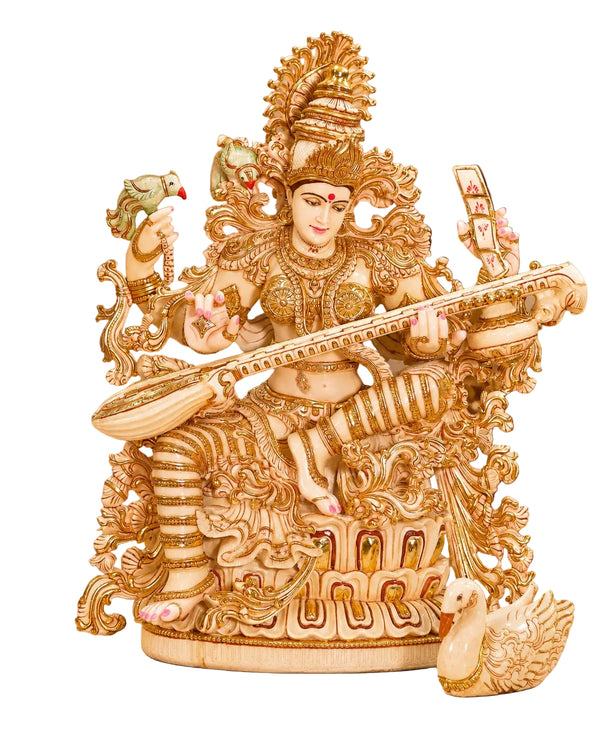 Marble Dust Maa Saraswati Idol – Large Goddess of Knowledge Statue for Home Temple, School, Music Room & Spiritual Décor (Height: 36 Inches) Entryway Setting