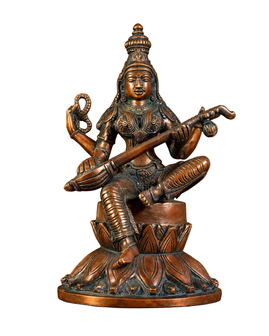 Superfine Brass Kamal Saraswati Statue – Goddess Saraswati Seated on Lotus, Traditional Hindu Idol for Home Temple, Study Room & Spiritual Décor (Height: 10 Inches) Craft Detail